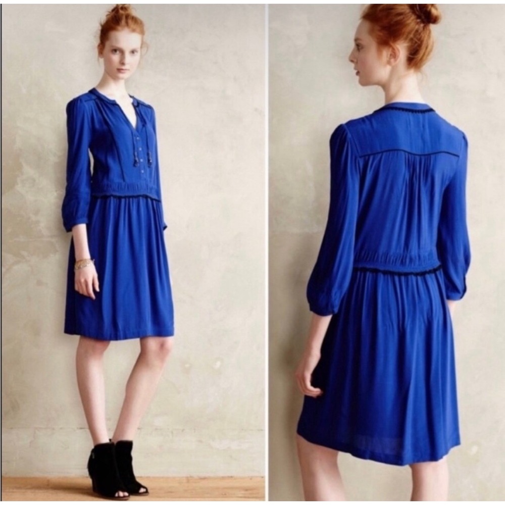 Maeve Anthropologie Beaded Tassel Split Neck Dress Blue XS Pockets Boho